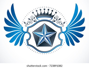 Luxury heraldic vector emblem template. Vector blazon composed using monarch crown and pentagonal stars, heraldry insignia