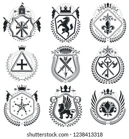 Luxury heraldic vectors emblem templates. Vector blazons. Classy high quality symbolic illustrations collection.