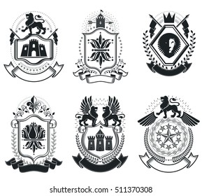 Luxury heraldic vectors emblem templates. Vector blazons. Classy high quality symbolic illustrations collection.