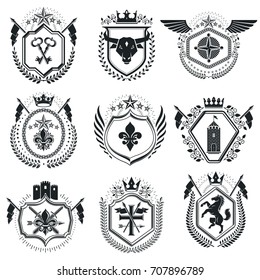 Luxury heraldic vectors emblem templates. Vector blazons. Classy high quality symbolic illustrations collection.