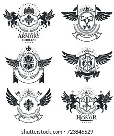 Luxury heraldic vectors emblem templates. Vector blazons. Classy high quality symbolic illustrations collection.