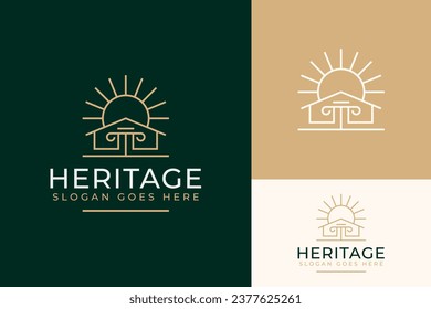 Luxury Heritage Home House Greek Antique Classic Pillar with Sun Light on Roof Logo Design Branding Template