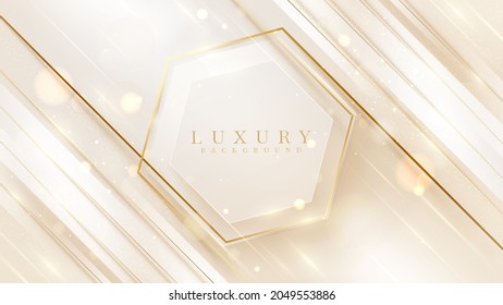 Luxury hexagon shape background with light glow effects and golden line diagonal and blur and bokeh elements, awards ceremony scene, greeting and invitation card design concept. vector illustration.