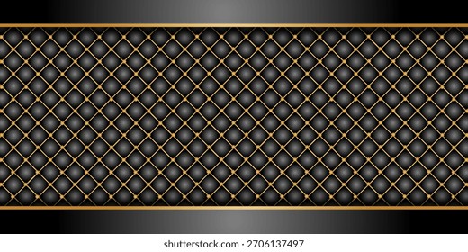 Fondo de metal negro abstracto hexagonal de lujo con líneas de luz dorada. Ilustración de textura geométrica 3d oscura. Patrón de rejilla brillante.