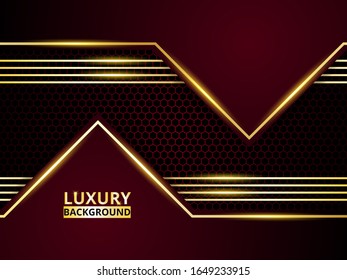 Luxury hexagonal golden background design. Modern futuristic luxury backdrop. Modern abstract carbon fiber background with golden luminous shapes, stripes and highlights on a carbon grid.