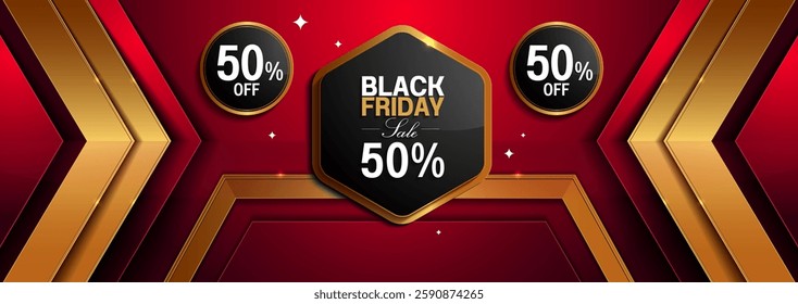 Luxury hexagonal red and gold background, Black Friday sale 50 percent, premium banner template for product branding, marketing promotion. vector illustration, not AI generated.