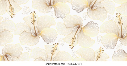 Luxury hibiscus seamless pattern background vector. Elegant golden hibiscus flower lines art design. Suit for wedding, backdrop, wallpaper, banner, card, cover, texture. Vector illustration