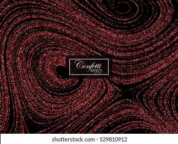 Luxury holiday background with shiny red glitters. Vector illustration of glittering curled lines pattern. Vintage jewelery ornament. Festive paillettes decoration