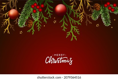 Luxury holiday background with xmas decorate. Christmas tree and thuja branches decorated with christmas balls, berries, pine cones, and stars. Vector illustration.