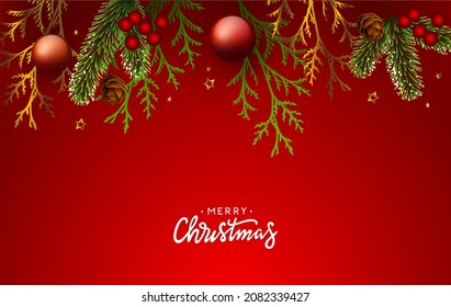 Luxury holiday background with xmas decorate. Christmas tree and thuja branches decorated with christmas balls, berries, pine cones, and stars. Vector illustration.