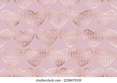 Diseño de patrones geométricos sin fisuras y de lujo con corazones de punto dorado.