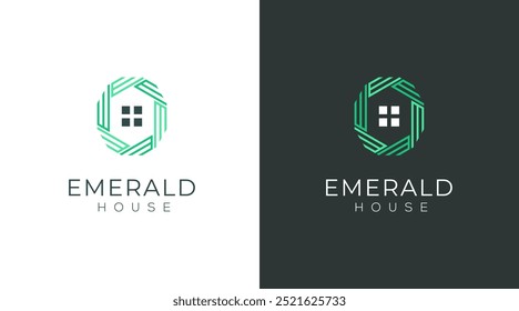 Diseño de logotipo de lujo para el hogar, estilo de icono de esmeralda o diamante. Logotipo del icono del arte de la línea de una casa para la propiedad y el diseño interior