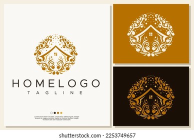 Logo de lujo en casa. Elegante diseño de logotipo inmobiliario. Logo de Gold Home. 