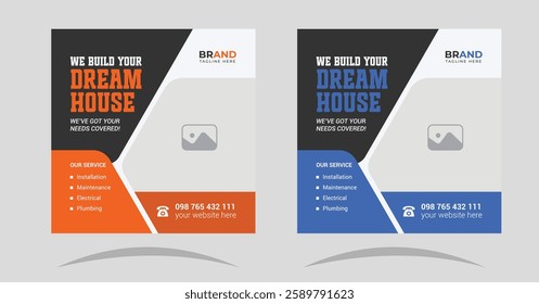 Luxury Home for sale real estate property social media post design, editable modern construction handyman home repair social media web banner instagram post template