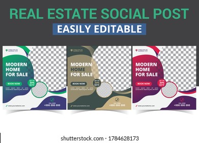 Luxury home sale & rent social media layouts post digital marketing vector sets. Modern geometric square social media advertising template sale poster design & minimal promo social media banners.