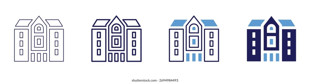 Icono de casas de lujo en 4 estilos diferentes. Línea delgada, línea, línea en negrita, duotono. Estilo duotono. Trazo editable.