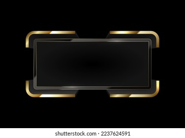 Luxury horizontal 3d black message screen frame. Text quote rectangle frame. Glossy black volume template with gold line edge trim. Black background mockup vector illustration design