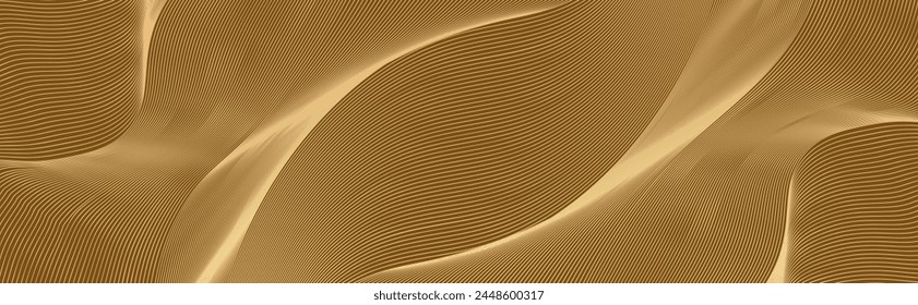  Luxury Horizontal abstract gold wavy background design. Modern guilloche curves line pattern in premium colors. Monochrome golden stripe texture for banner, business card, backdrop, vector template