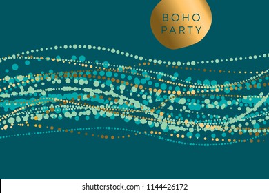 Luxury horizontal boho style element for header, card, invitation, poster, cover and other web and print design. Gold and green shabby celebration motive. stock vector illustration
