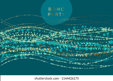 Luxury horizontal boho style element for header, card, invitation, poster, cover and other web and print design. Gold and green shabby celebration motive. stock vector illustration
