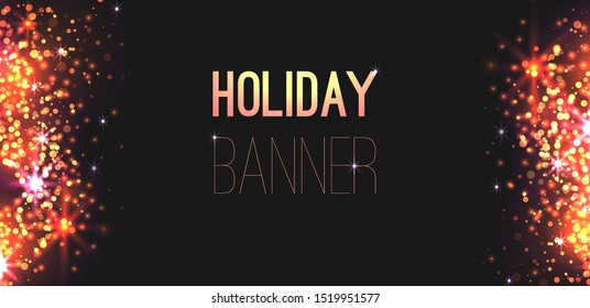 Luxury horizontal festive banner with sparkles and sparks on a dark background. Christmas card with golden confetti. New Year invitation template