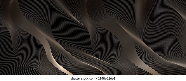 Luxury Horizontal vector template, golden abstract background design. Modern wavy line pattern with guilloche curves in dark colors. Premium soft golden stripe texture for business banner, backdrop.