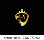 Luxury Horse In Shield With Crown Logo. Gold Royal Horse Crown Symbol Premium Vector Icon Template.