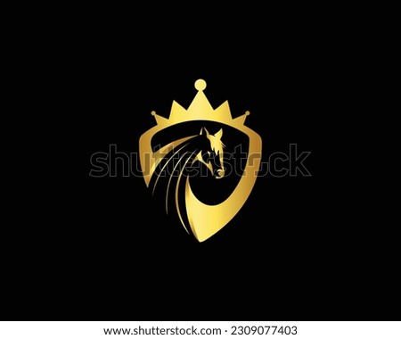 Luxury Horse In Shield With Crown Logo. Gold Royal Horse Crown Symbol Premium Vector Icon Template.