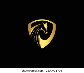 Luxury Horse With Shield Logo. Gold Royal Horse Symbol Premium Vector Icon Template.