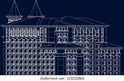 Luxury Hotel Apartment building façade 2D line illustration vector eps10 blueprint