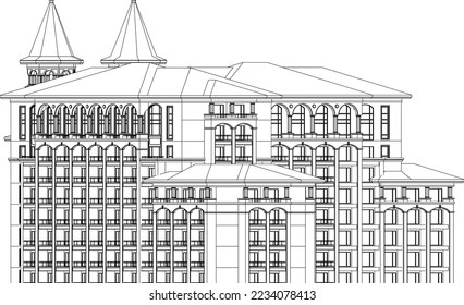 Luxury Hotel Apartment building façade 2D line illustration vector eps10