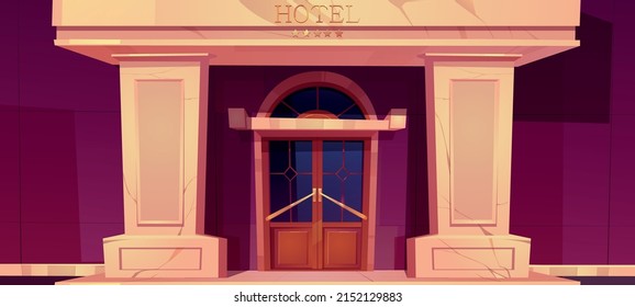 Luxury Hotel Building Exterior. City Guest Apartments Entrance. Vector Cartoon Illustration Of Expensive Hotel Front With Double Doors, Marble Columns And Five Gold Stars On Facade