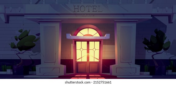 Luxury Hotel Building Facade At Night. Expensive Hotel Entrance On Dark City Street. Vector Cartoon Illustration Of Guest Apartments Exterior With Double Doors, Marble Columns And Five Gold Stars