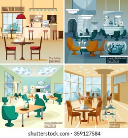 Luxury hotel coffee bar interior 4 flat interactive icons composition for internet page  abstract isolated vector illustration