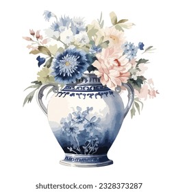 decoración de hotel de lujo de arreglos florales con jarrón de porcelana china en acuarela ilustración