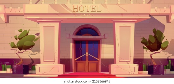 Luxury hotel facade, house building exterior of white brick, marble columns, red carpet at arched wooden door with trees in pots at front yard, hospitality, accommodation Cartoon vector illustration