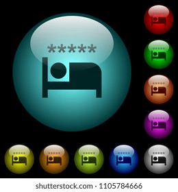 Luxury hotel icons in color illuminated spherical glass buttons on black background. Can be used to black or dark templates