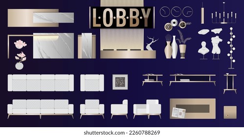 Luxury Hotel Lobby Design Furniture Set with Plan and Side Elevation Views