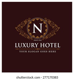 Luxury Hotel Logo template flourishes calligraphic elegant ornament lines. Monogram design elements, Business sign identity for Restaurant, Royalty, Boutique, Cafe, Hotel and other vector illustration