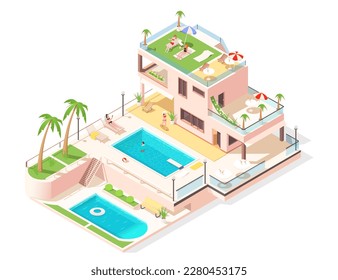 Luxury hotel with palms near pool in isometric view. Summer vacation in ocean tropical resort. Women and girls having sunbathing on the building roof side. People swimming in pool. Vector illustration