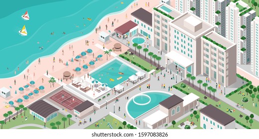 Luxury hotel resort with people, buildings and beach, isometric vector illustration, travel and tourism concept