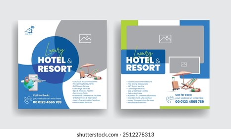 Luxury Hotel and resort social media post, banners, ads or travel tourism company promotional web banner template design