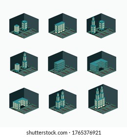 Luxury Hotel, Twin Tower, U Shape Building, Mall, Super Market Vector Design - Isometric Construction Building Set At The Night