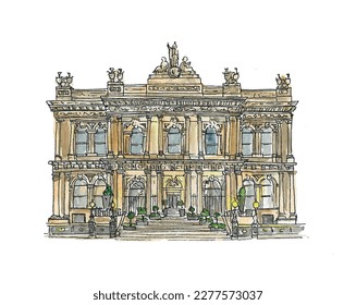 Luxury hotel, Victorian building, Wedding Venue, steps, statues. Watercolor sketch illustration. Isolated vector. svg