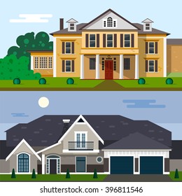 Luxury house exterior vector illustration in flat style design. Home facade and yard.