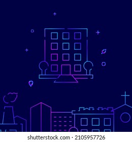 Luxury house, hotel, condo gradient line vector icon, simple illustration on a dark blue background, cityscape buildings related bottom border.
