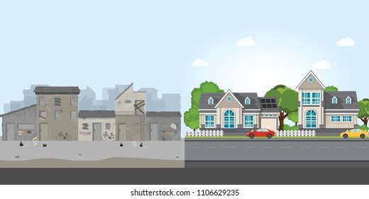 Luxury house and slum, gap between poverty and richness, conceptual vector illustration.