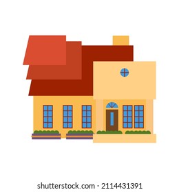 Luxury house vector clip art with stacked roof and chimney. A house with yellow paint. Suitable for property and real estate infographic.