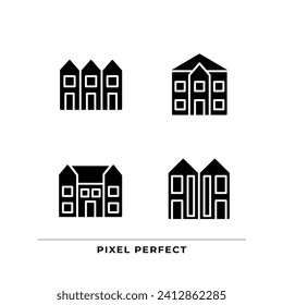 Luxury houses black glyph icons set on white space. Townhouse and mansion. Single family detached home. Buying property. Silhouette symbols. Solid pictogram pack. Vector isolated illustration