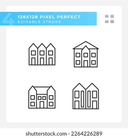 Luxury houses pixel perfect linear icons set. Townhouse and mansion. Single family detached home. Customizable thin line symbols. Isolated vector outline illustrations. Editable stroke